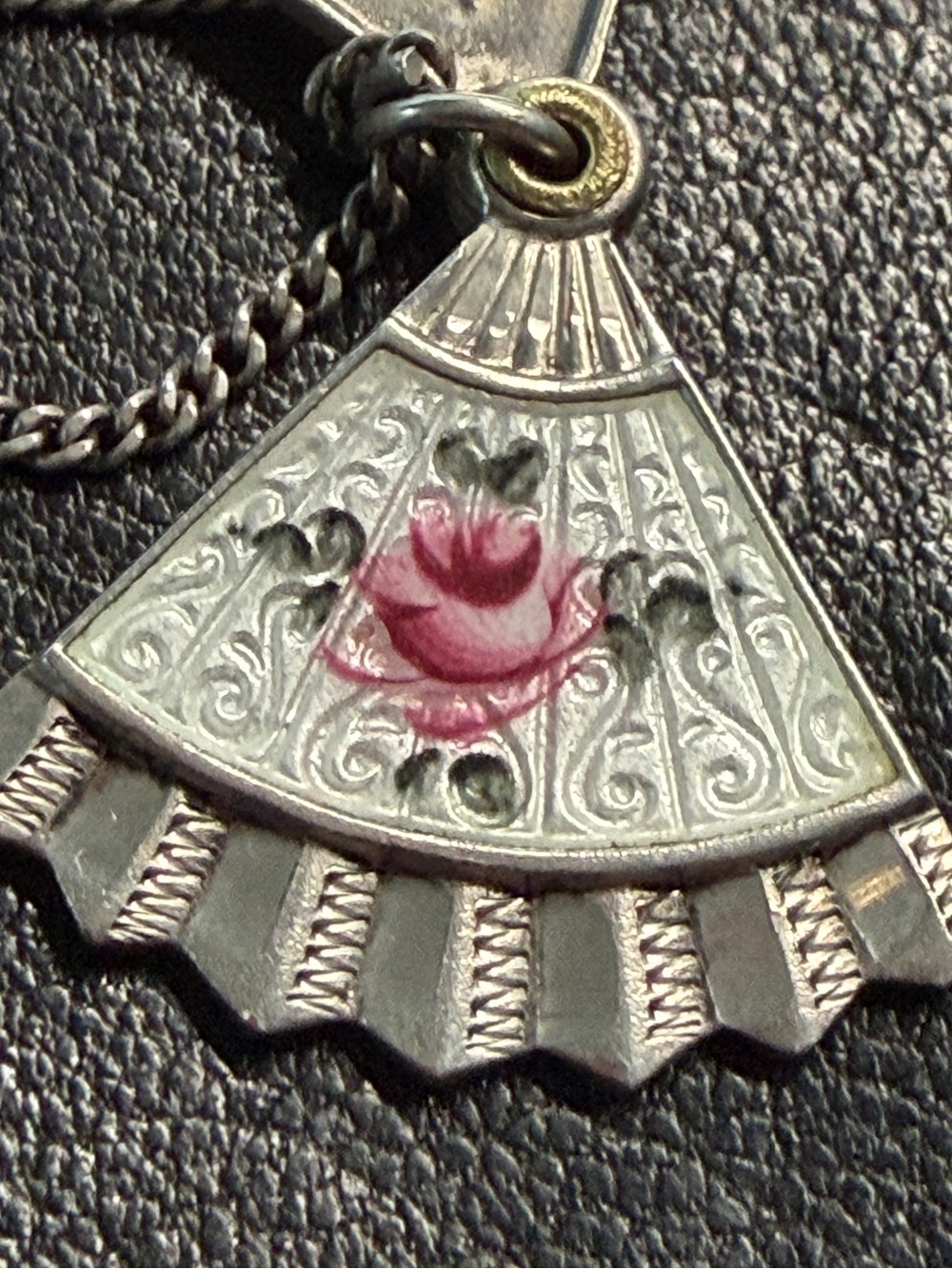 Vintage 925 Guilloche Enamel Rose Slide Hand Fan 4-Way Religious Medal Necklace - Picture 11 of 16